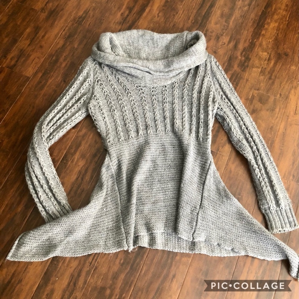 Asymmetrical Gray Sweater w/Hanging Cowl Neck